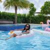 imageIn The Swim Smiling Daisy Inflatable Sun Chair Pool Float  48quot Pink Lounge Float with Backrest ampamp White Daisy Print  Comfortable PVC Pool Chair for Adults ampamp Teens