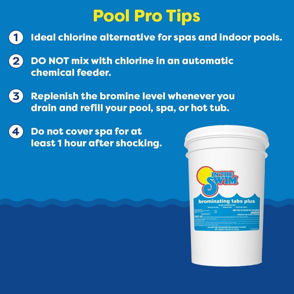 imageIn The Swim 1 Inch Bromine Plus Tablet Sanitizer for Spas Hot Tubs or Swimming Pools  PreStabilized Low Odor Chlorine Alternative  50 PoundsBromine Plus  CF Shock