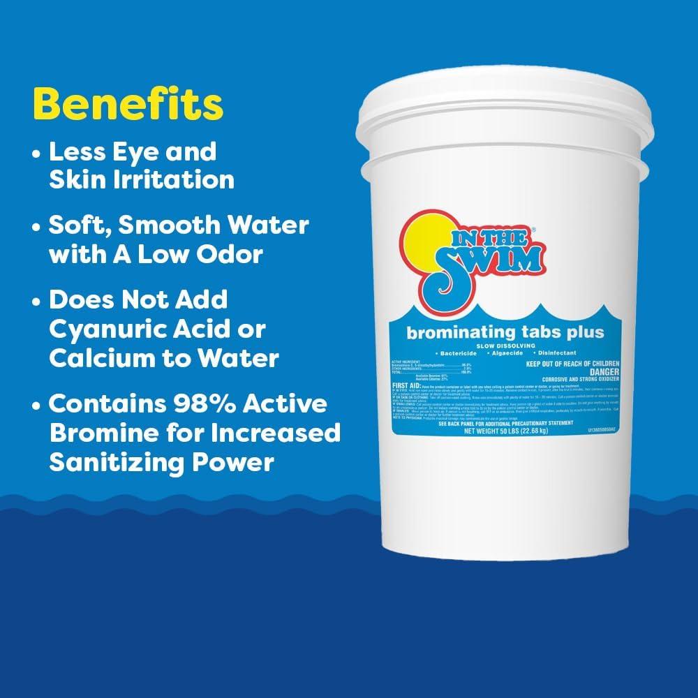 imageIn The Swim 1 Inch Bromine Plus Tablet Sanitizer for Spas Hot Tubs or Swimming Pools  PreStabilized Low Odor Chlorine Alternative  50 PoundsBromine Plus  Alk Incr